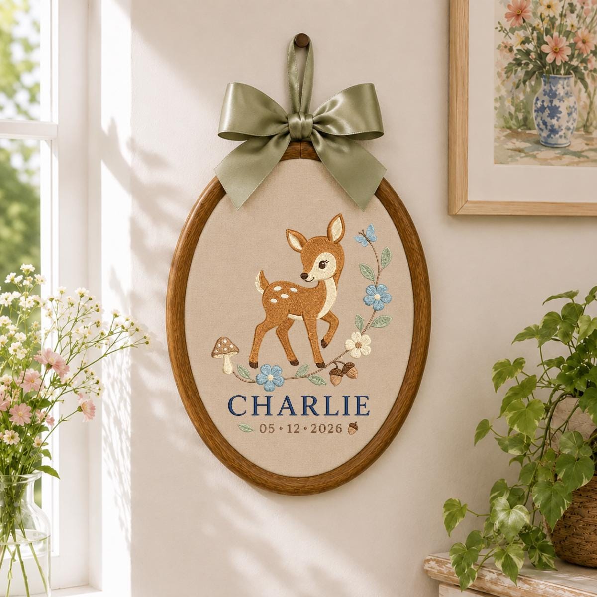 Personalized Deer Embroidery Hoop, Charlie Name and Date Ornament, Blue Gingham Woodland Decor, Fawn Nursery Gift, Round Wall Hanging