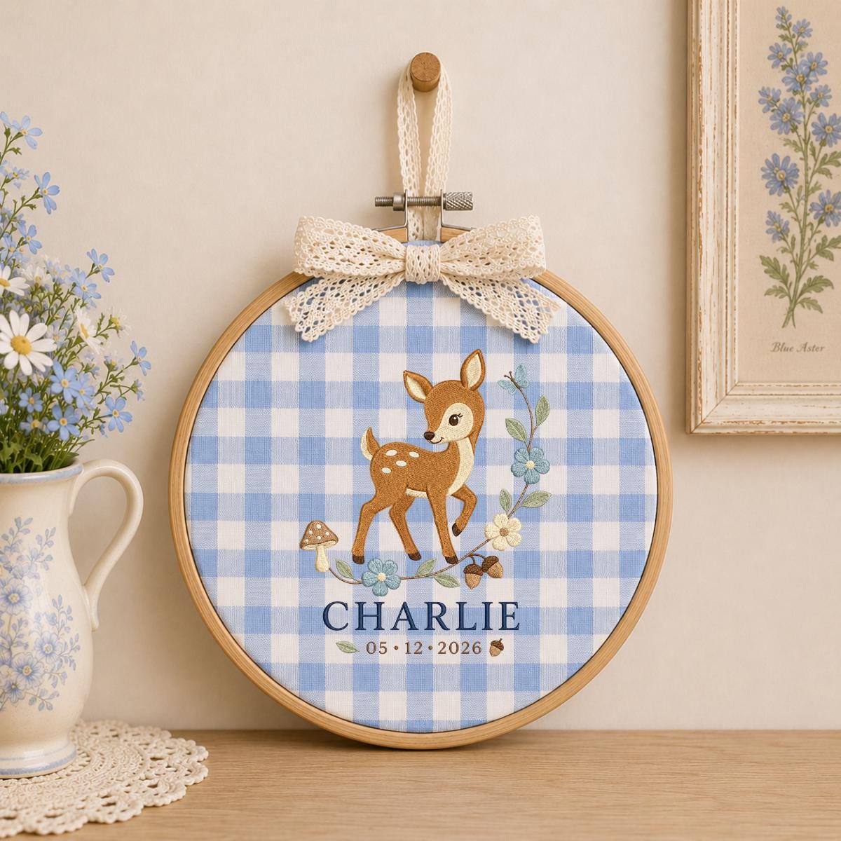 Personalized Deer Embroidery Hoop, Charlie Name and Date Ornament, Blue Gingham Woodland Decor, Fawn Nursery Gift, Round Wall Hanging