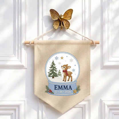 Personalized Reindeer Snow Globe Ornament, Emma Christmas Embroidery Wall Hanging, Winter Deer Decor, Custom Name Date Holiday Gift
