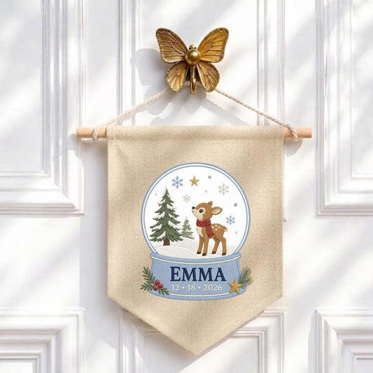 Personalized Reindeer Snow Globe Ornament, Emma Christmas Embroidery Wall Hanging, Winter Deer Decor, Custom Name Date Holiday Gift