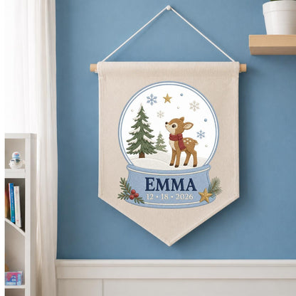 Personalized Reindeer Snow Globe Ornament, Emma Christmas Embroidery Wall Hanging, Winter Deer Decor, Custom Name Date Holiday Gift