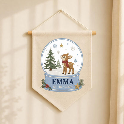 Personalized Reindeer Snow Globe Ornament, Emma Christmas Embroidery Wall Hanging, Winter Deer Decor, Custom Name Date Holiday Gift