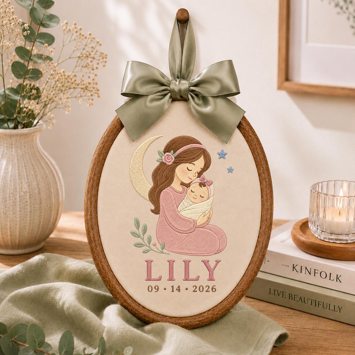 Personalized Mother and Baby Embroidery Hoop, Lily Name Date Ornament, Sleeping Moon Nursery Decor, Newborn Girl Gift, Oval Wall Hanging