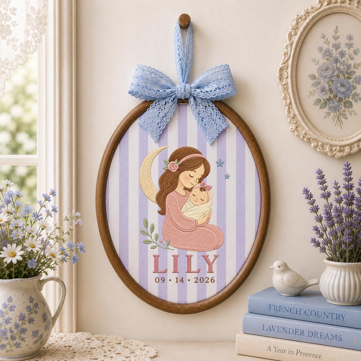 Personalized Mother and Baby Embroidery Hoop, Lily Name Date Ornament, Sleeping Moon Nursery Decor, Newborn Girl Gift, Oval Wall Hanging