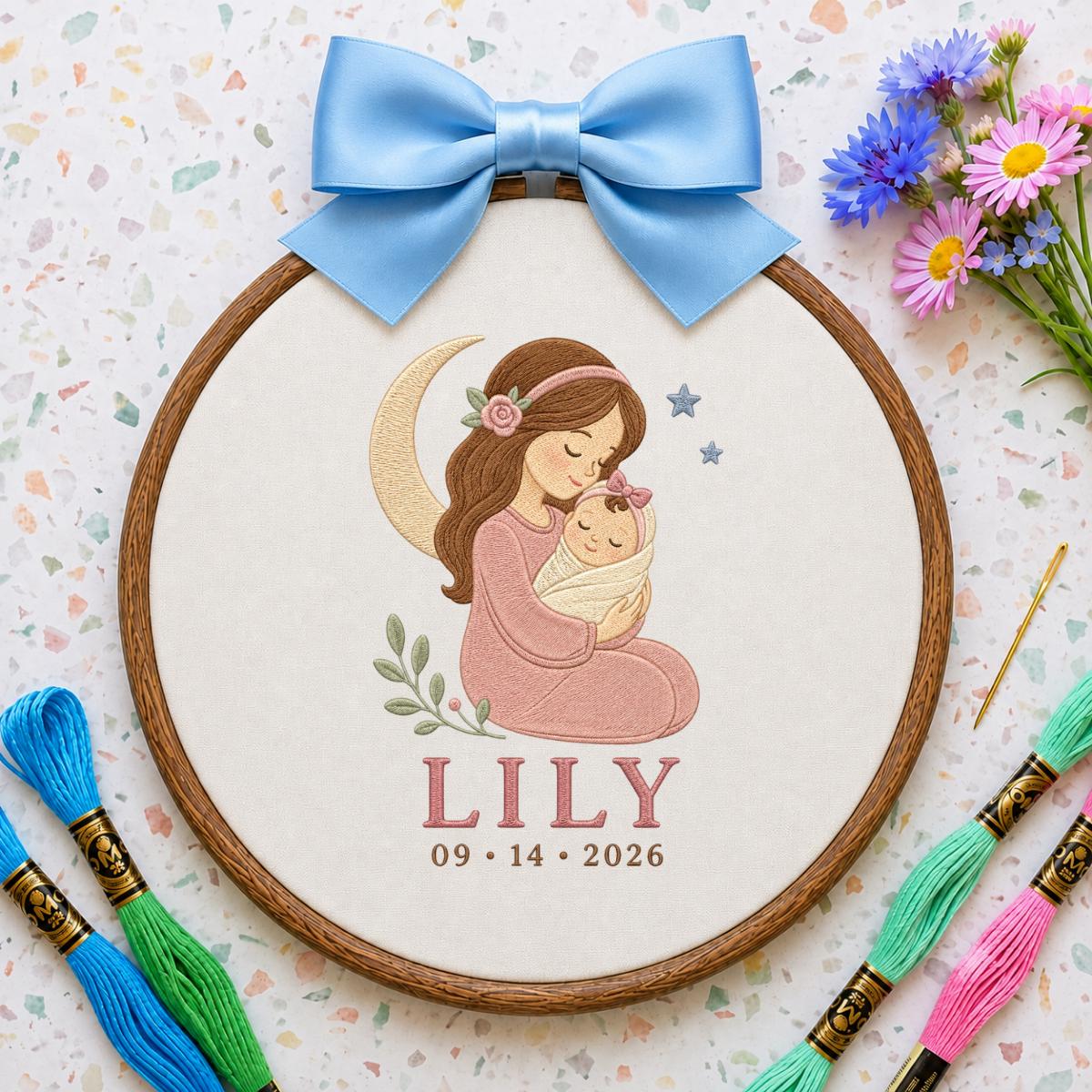 Personalized Mother and Baby Embroidery Hoop, Lily Name Date Ornament, Sleeping Moon Nursery Decor, Newborn Girl Gift, Oval Wall Hanging