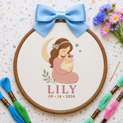 Personalized Mother and Baby Embroidery Hoop, Lily Name Date Ornament, Sleeping Moon Nursery Decor, Newborn Girl Gift, Oval Wall Hanging
