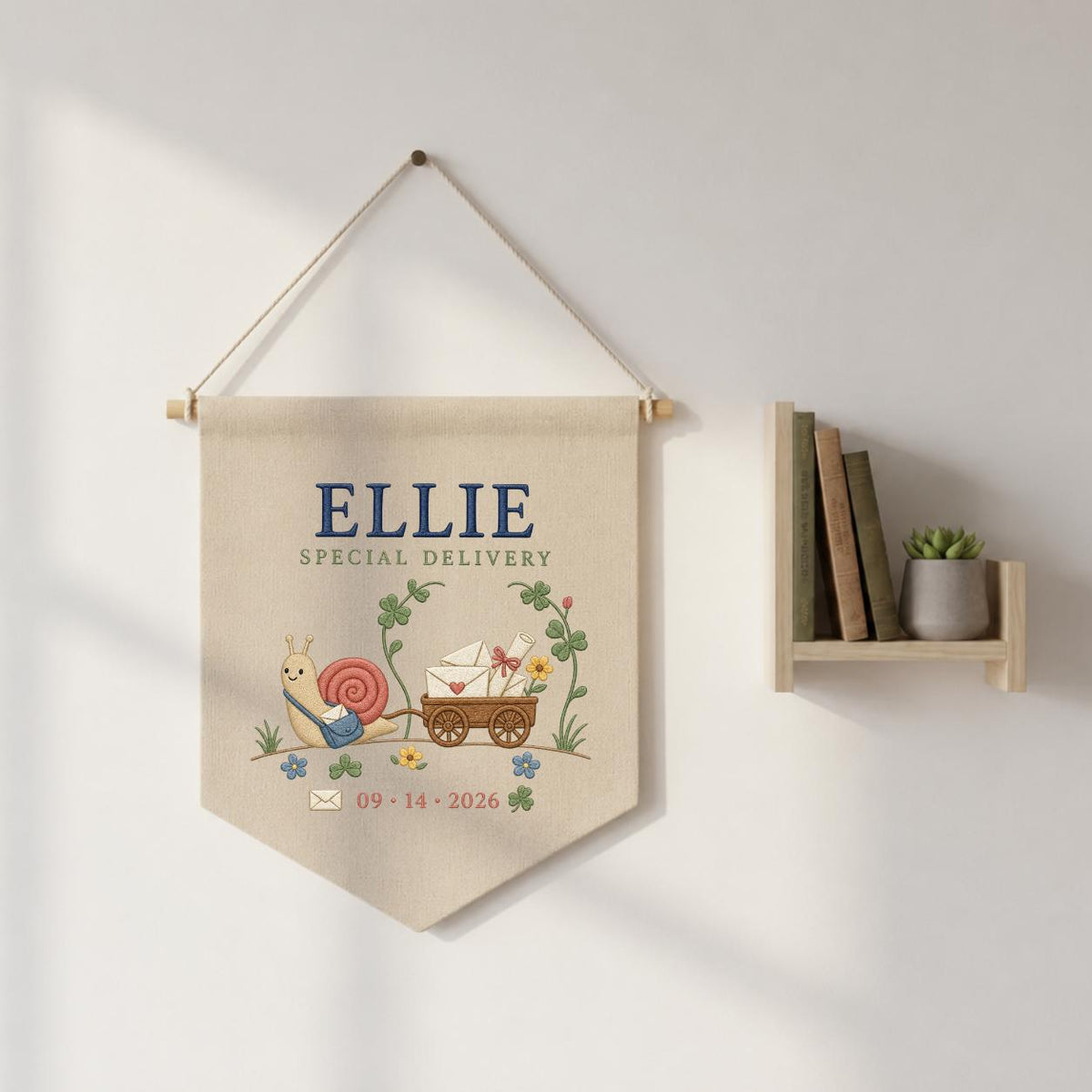 Personalized Snail Wall Hanging, Ellie Special Delivery Banner, Cute Mail Cart Embroidery Pennant, Custom Name Date Decor, Nursery Gift