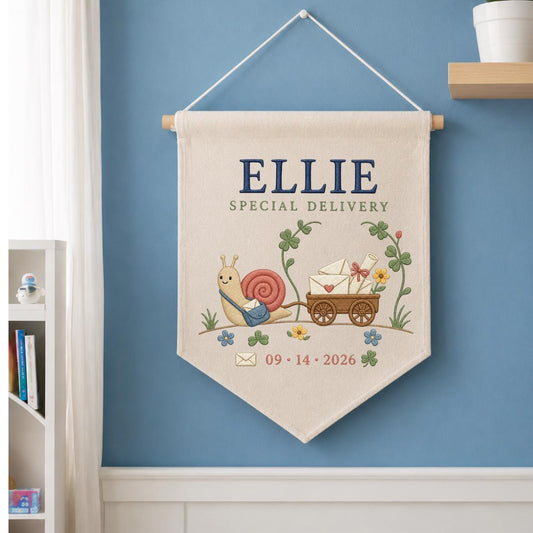 Personalized Snail Wall Hanging, Ellie Special Delivery Banner, Cute Mail Cart Embroidery Pennant, Custom Name Date Decor, Nursery Gift