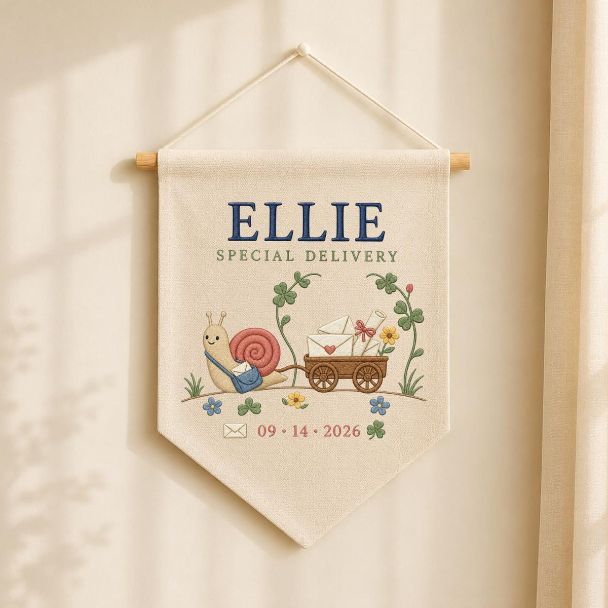 Personalized Snail Wall Hanging, Ellie Special Delivery Banner, Cute Mail Cart Embroidery Pennant, Custom Name Date Decor, Nursery Gift