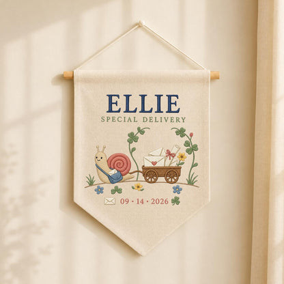 Personalized Snail Wall Hanging, Ellie Special Delivery Banner, Cute Mail Cart Embroidery Pennant, Custom Name Date Decor, Nursery Gift