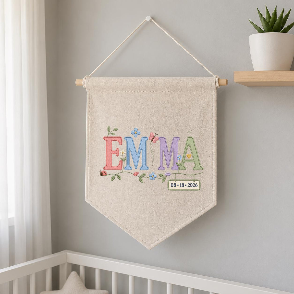 Personalized Emma Monogram Banner, Custom Name and Date Wall Hanging, Floral Initial Embroidery Pennant, Nursery Decor, Baby Gift