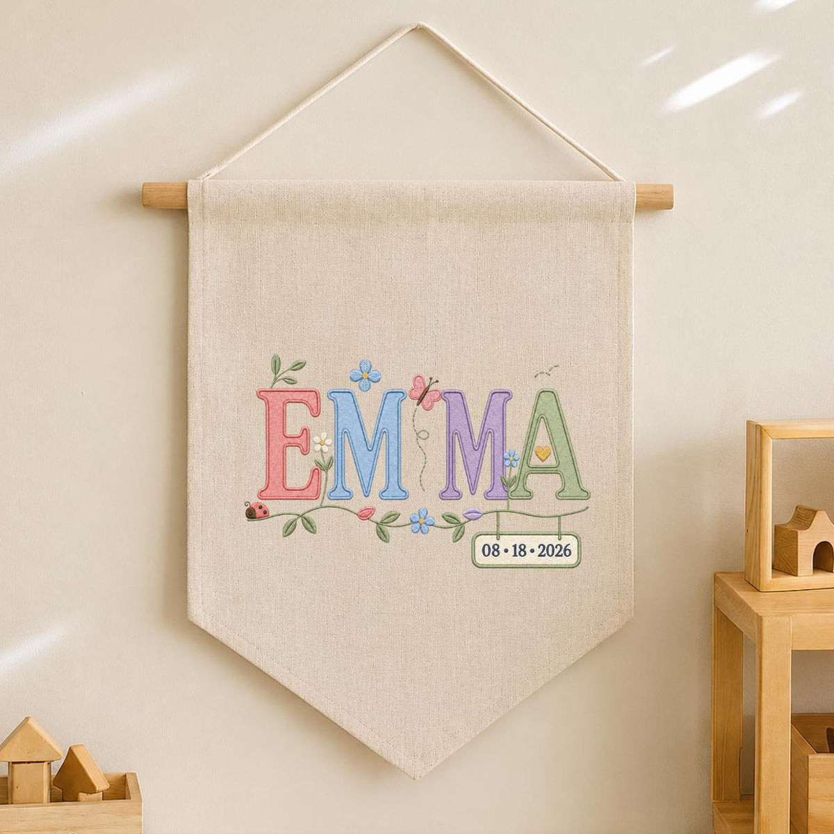 Personalized Emma Monogram Banner, Custom Name and Date Wall Hanging, Floral Initial Embroidery Pennant, Nursery Decor, Baby Gift