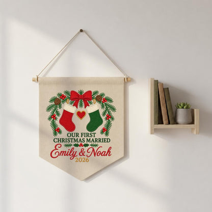 Personalized 1st Christmas as Mr and Mrs Canvas Pennant Banner Decor, Custom Embroidered Couple Name Date Wall Sign, Wedding Keepsake