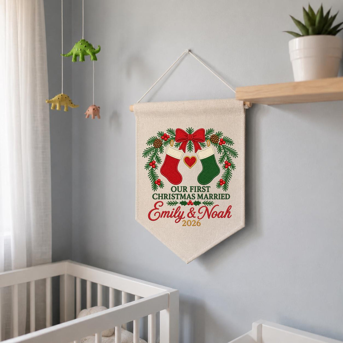 Personalized 1st Christmas as Mr and Mrs Canvas Pennant Banner Decor, Custom Embroidered Couple Name Date Wall Sign, Wedding Keepsake