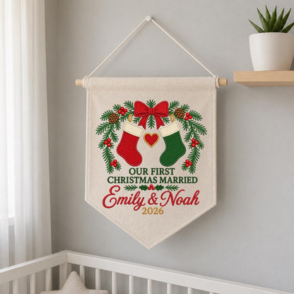 Personalized 1st Christmas as Mr and Mrs Canvas Pennant Banner Decor, Custom Embroidered Couple Name Date Wall Sign, Wedding Keepsake