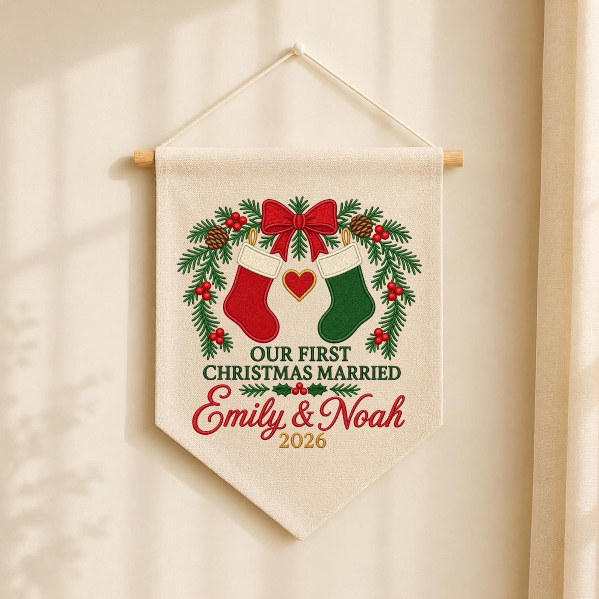 Personalized 1st Christmas as Mr and Mrs Canvas Pennant Banner Decor, Custom Embroidered Couple Name Date Wall Sign, Wedding Keepsake