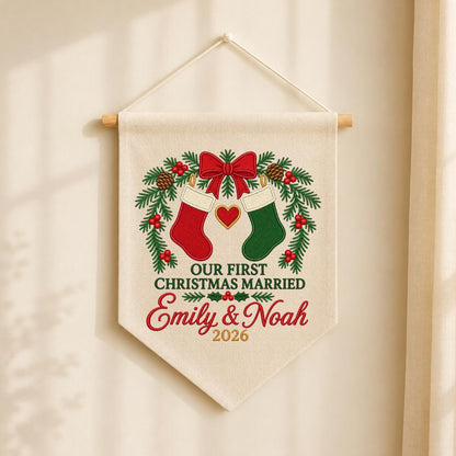 Personalized 1st Christmas as Mr and Mrs Canvas Pennant Banner Decor, Custom Embroidered Couple Name Date Wall Sign, Wedding Keepsake