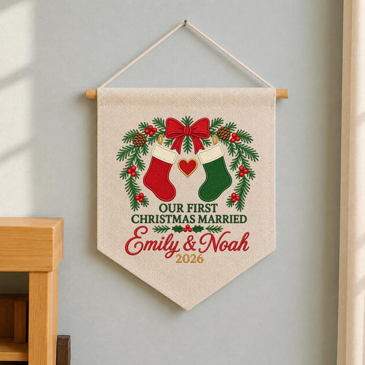 Personalized 1st Christmas as Mr and Mrs Canvas Pennant Banner Decor, Custom Embroidered Couple Name Date Wall Sign, Wedding Keepsake