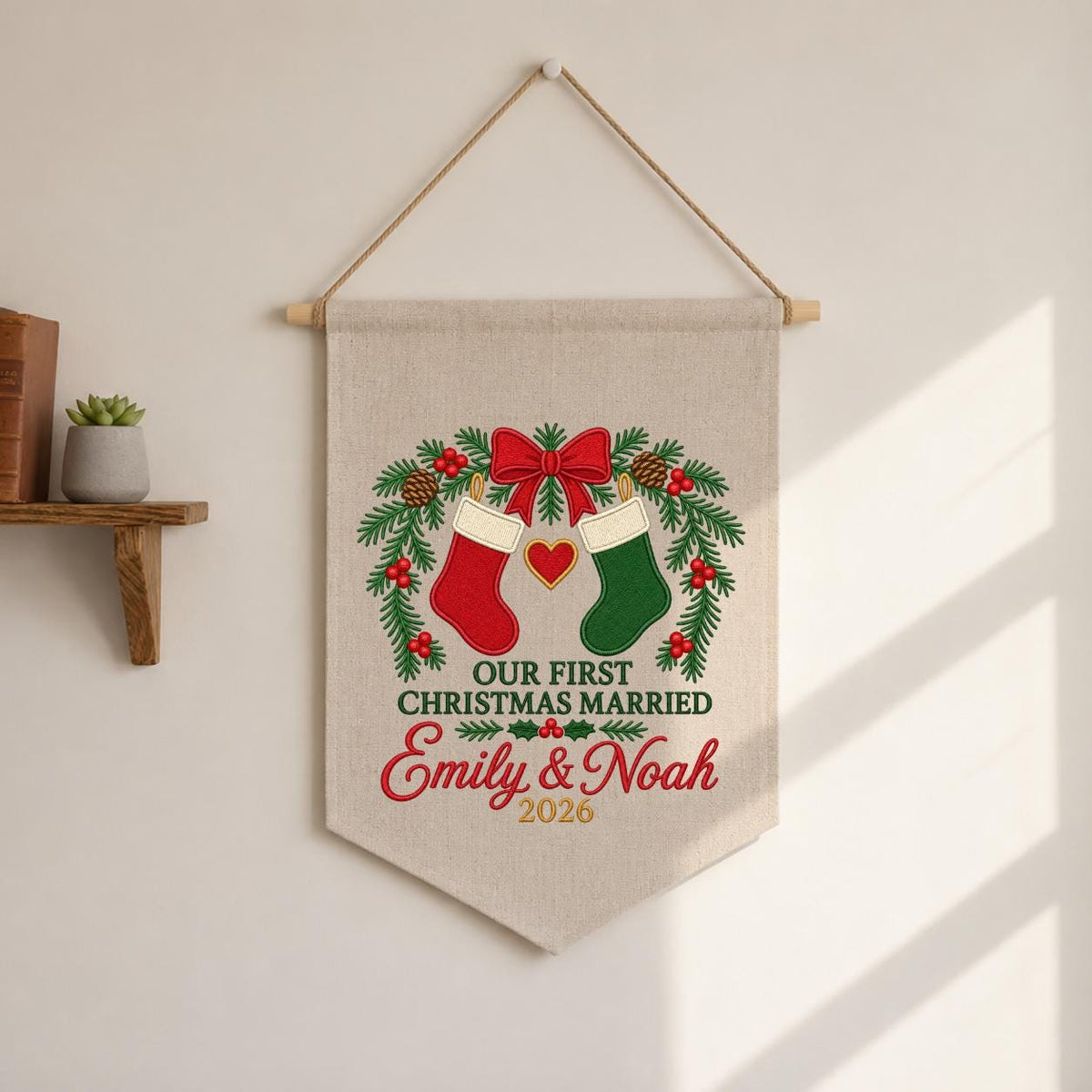 Personalized 1st Christmas as Mr and Mrs Canvas Pennant Banner Decor, Custom Embroidered Couple Name Date Wall Sign, Wedding Keepsake