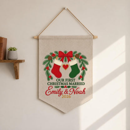 Personalized 1st Christmas as Mr and Mrs Canvas Pennant Banner Decor, Custom Embroidered Couple Name Date Wall Sign, Wedding Keepsake