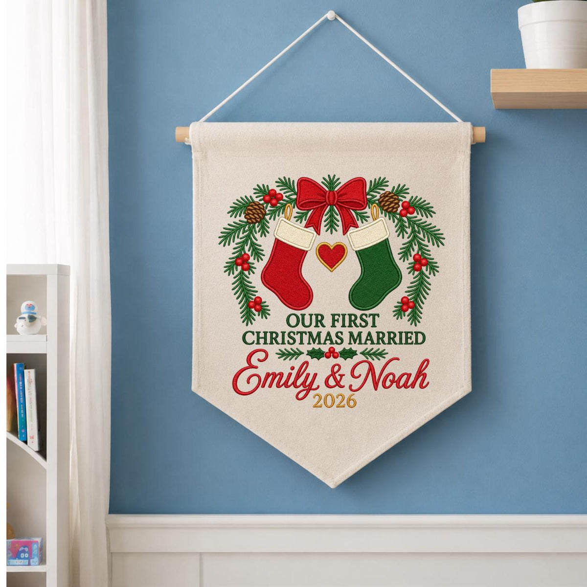 Personalized 1st Christmas as Mr and Mrs Canvas Pennant Banner Decor, Custom Embroidered Couple Name Date Wall Sign, Wedding Keepsake