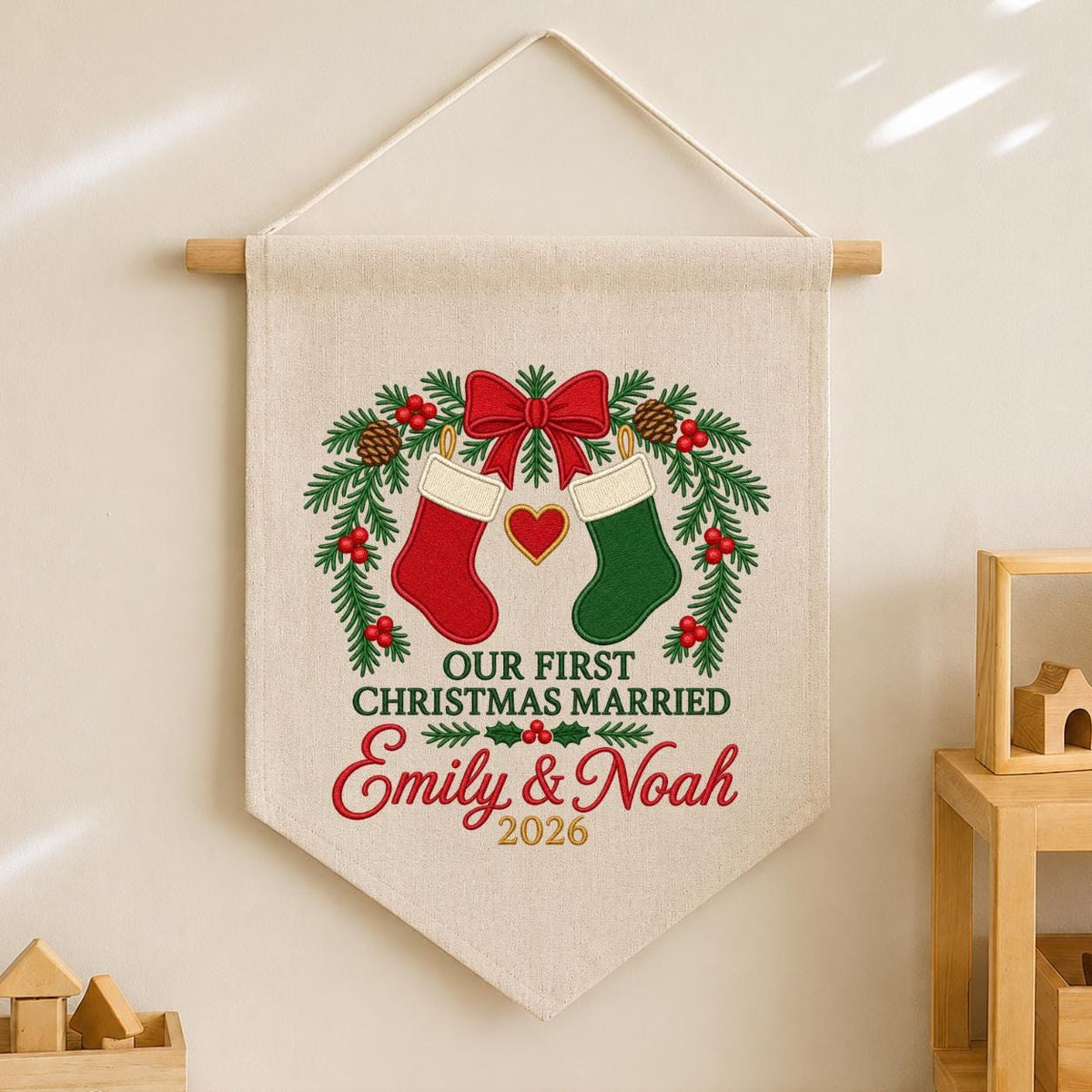 Personalized 1st Christmas as Mr and Mrs Canvas Pennant Banner Decor, Custom Embroidered Couple Name Date Wall Sign, Wedding Keepsake