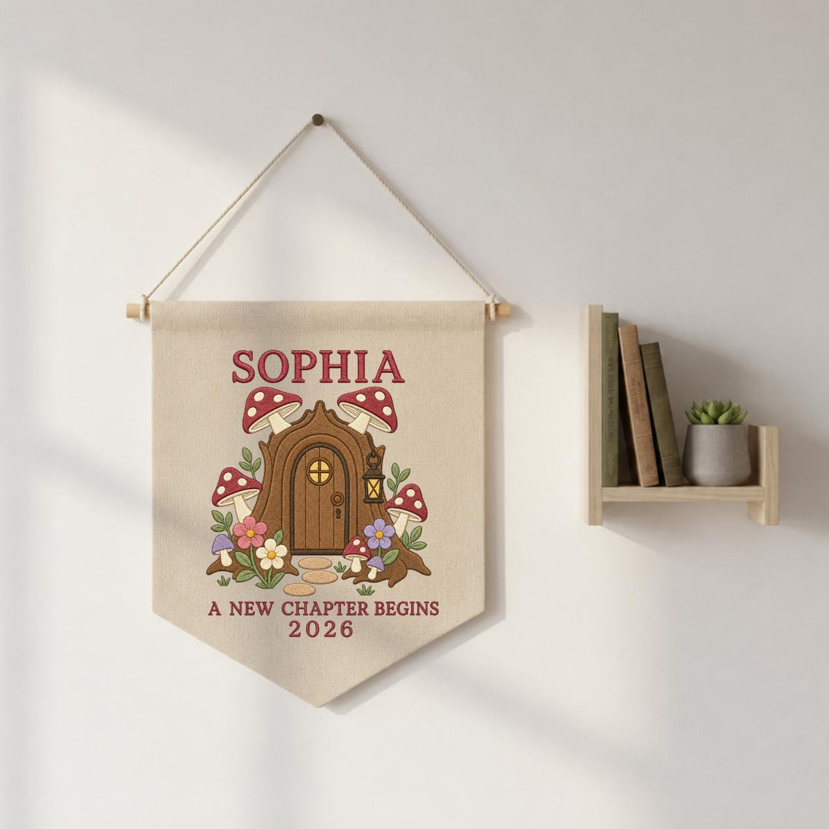 Personalized Woodland Mushroom Canvas Pennant Banner Decor, Custom Embroidered Fairy House A New Chapter Begins Wall Sign, Baby Gift