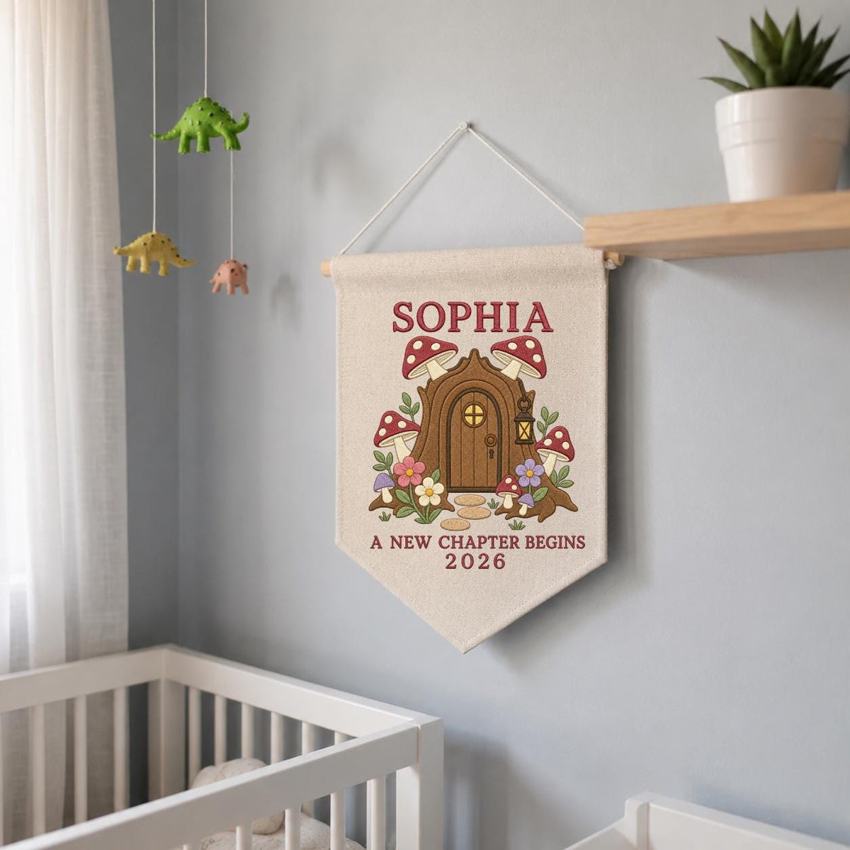 Personalized Woodland Mushroom Canvas Pennant Banner Decor, Custom Embroidered Fairy House A New Chapter Begins Wall Sign, Baby Gift