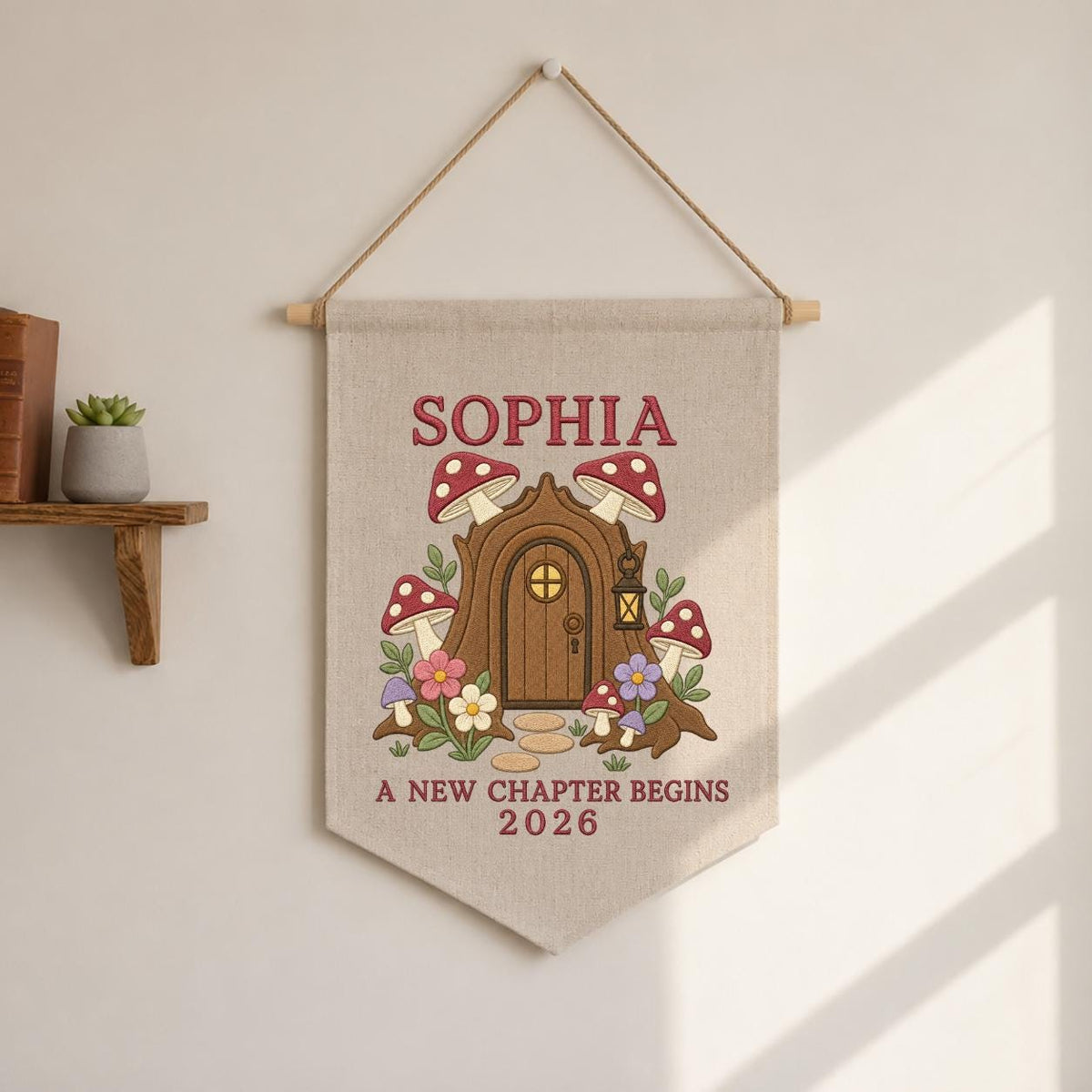 Personalized Woodland Mushroom Canvas Pennant Banner Decor, Custom Embroidered Fairy House A New Chapter Begins Wall Sign, Baby Gift