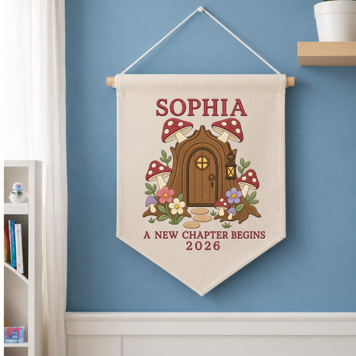 Personalized Woodland Mushroom Canvas Pennant Banner Decor, Custom Embroidered Fairy House A New Chapter Begins Wall Sign, Baby Gift