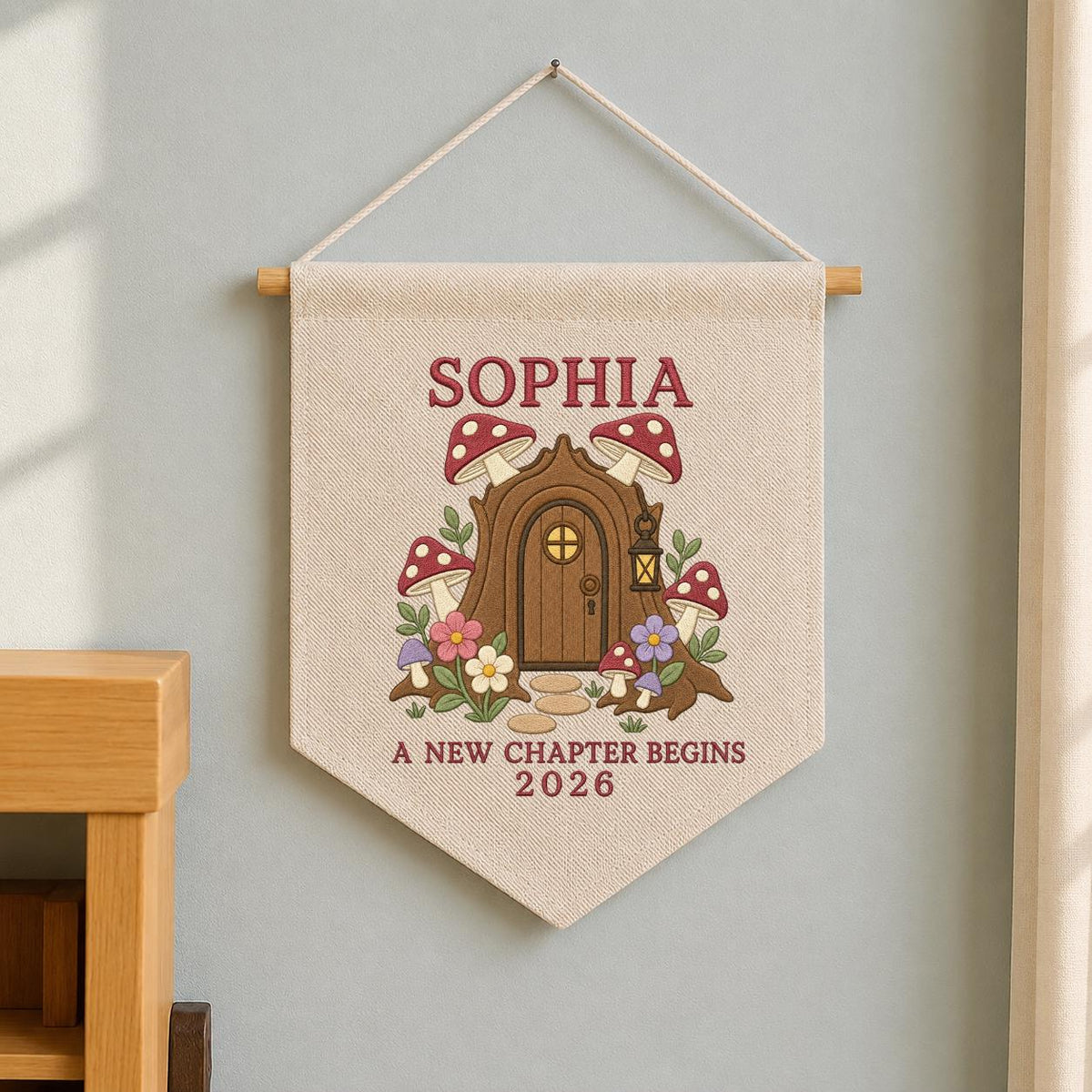 Personalized Woodland Mushroom Canvas Pennant Banner Decor, Custom Embroidered Fairy House A New Chapter Begins Wall Sign, Baby Gift