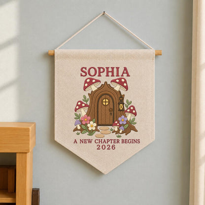 Personalized Woodland Mushroom Canvas Pennant Banner Decor, Custom Embroidered Fairy House A New Chapter Begins Wall Sign, Baby Gift