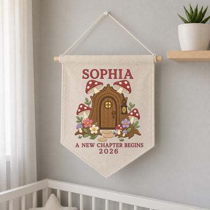 Personalized Woodland Mushroom Canvas Pennant Banner Decor, Custom Embroidered Fairy House A New Chapter Begins Wall Sign, Baby Gift