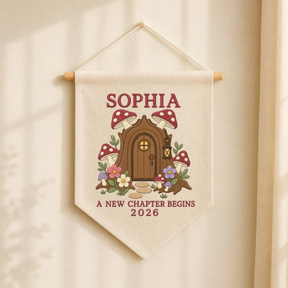 Personalized Woodland Mushroom Canvas Pennant Banner Decor, Custom Embroidered Fairy House A New Chapter Begins Wall Sign, Baby Gift