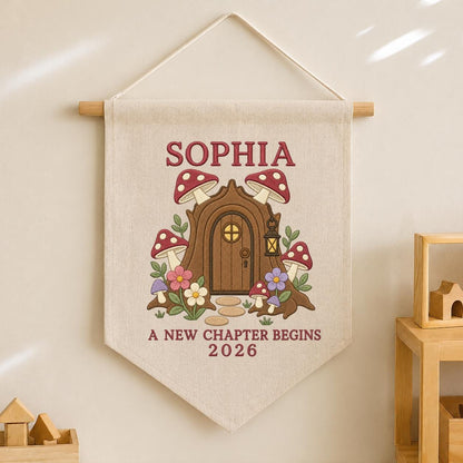 Personalized Woodland Mushroom Canvas Pennant Banner Decor, Custom Embroidered Fairy House A New Chapter Begins Wall Sign, Baby Gift