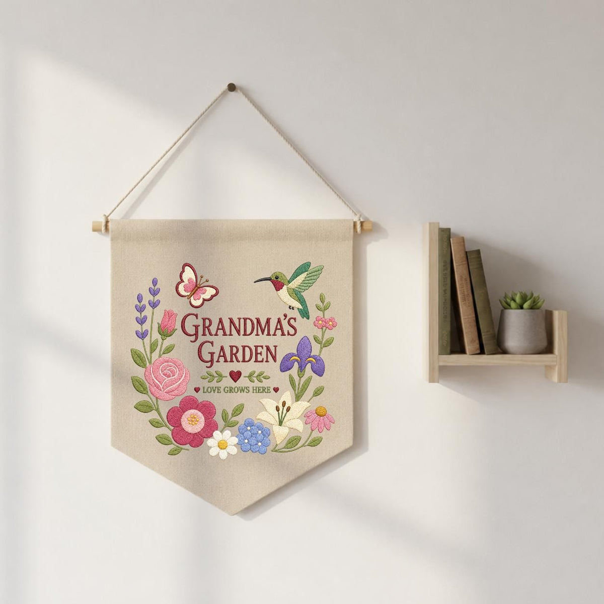 Personalized Grandma's Garden Canvas Pennant Banner, Embroidered Hummingbird Butterfly Floral Wreath Wall Hanging Sign, Gift for Grandma