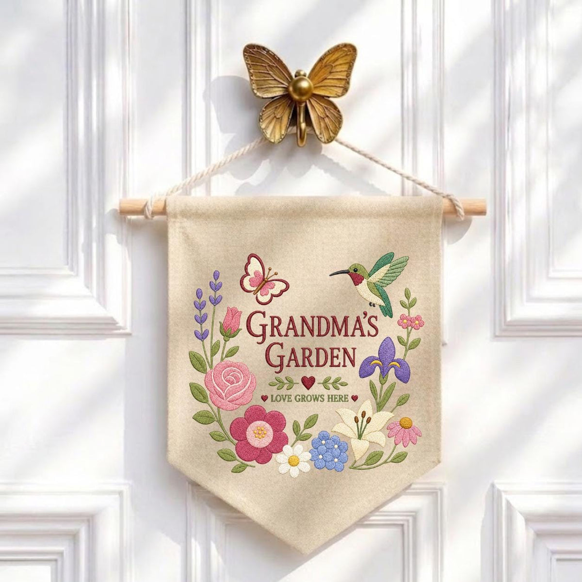 Personalized Grandma's Garden Canvas Pennant Banner, Embroidered Hummingbird Butterfly Floral Wreath Wall Hanging Sign, Gift for Grandma