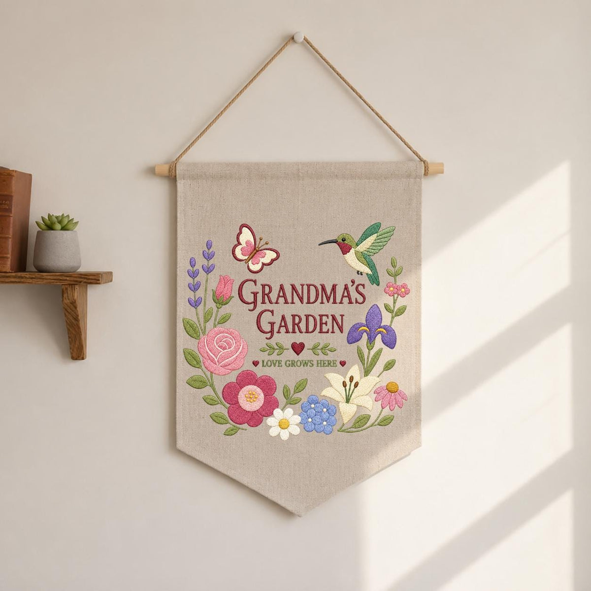Personalized Grandma's Garden Canvas Pennant Banner, Embroidered Hummingbird Butterfly Floral Wreath Wall Hanging Sign, Gift for Grandma