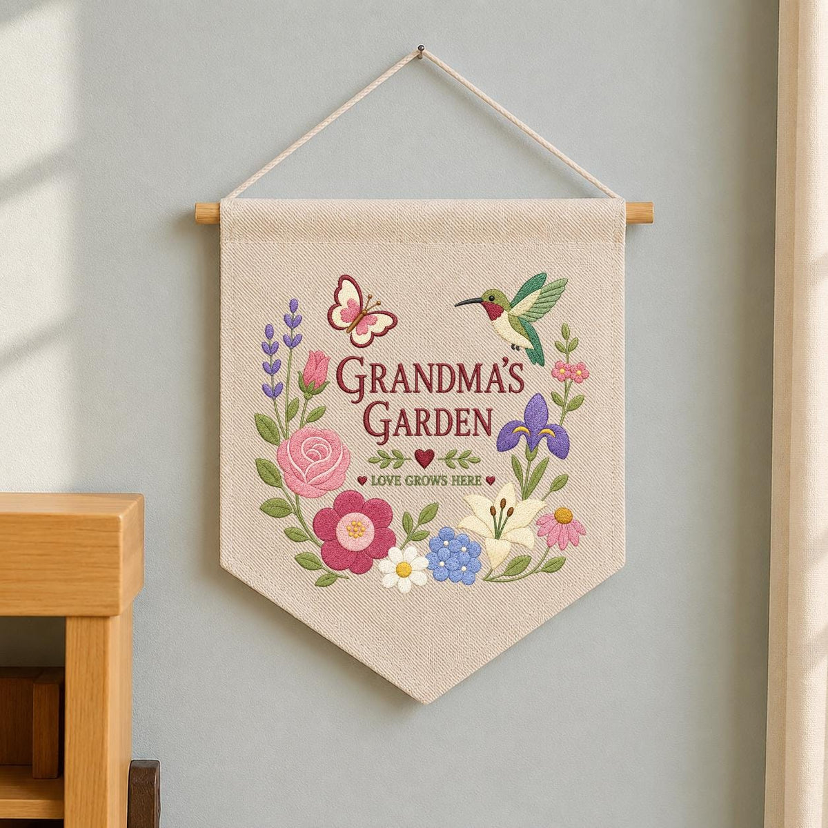 Personalized Grandma's Garden Canvas Pennant Banner, Embroidered Hummingbird Butterfly Floral Wreath Wall Hanging Sign, Gift for Grandma
