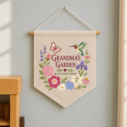 Personalized Grandma's Garden Canvas Pennant Banner, Embroidered Hummingbird Butterfly Floral Wreath Wall Hanging Sign, Gift for Grandma