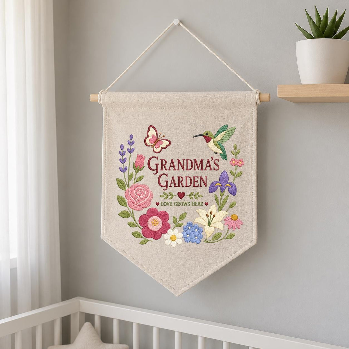 Personalized Grandma's Garden Canvas Pennant Banner, Embroidered Hummingbird Butterfly Floral Wreath Wall Hanging Sign, Gift for Grandma