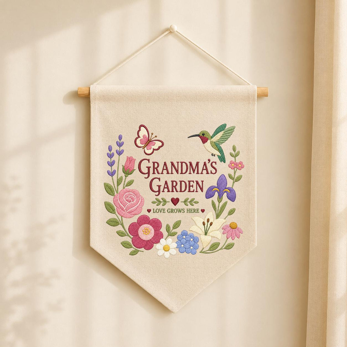 Personalized Grandma's Garden Canvas Pennant Banner, Embroidered Hummingbird Butterfly Floral Wreath Wall Hanging Sign, Gift for Grandma