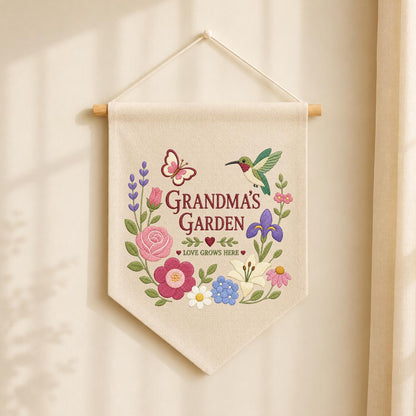 Personalized Grandma's Garden Canvas Pennant Banner, Embroidered Hummingbird Butterfly Floral Wreath Wall Hanging Sign, Gift for Grandma