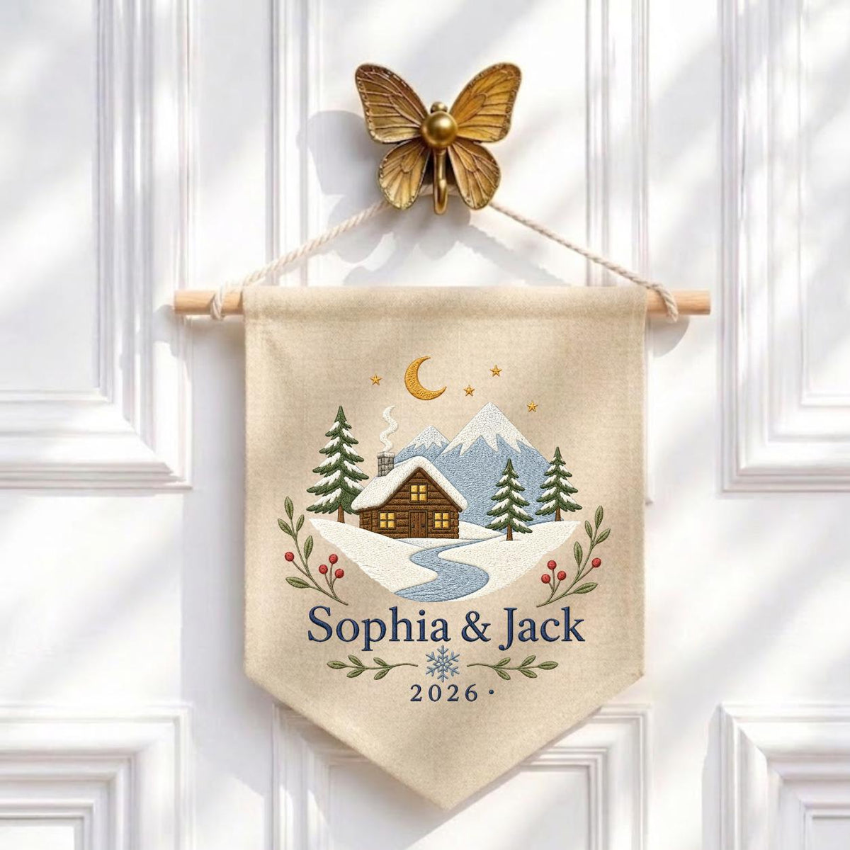 Personalized Winter Cabin Canvas Pennant Banner, Custom Name Embroidered Snow Mountain Couple Wall Hanging Sign, Christmas Gift