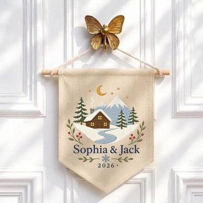 Personalized Winter Cabin Canvas Pennant Banner, Custom Name Embroidered Snow Mountain Couple Wall Hanging Sign, Christmas Gift