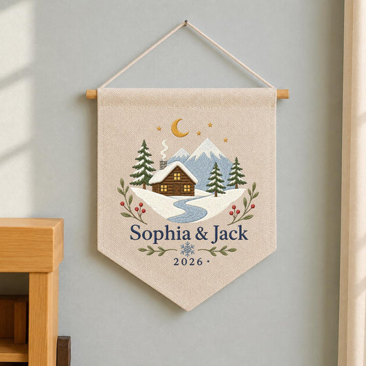 Personalized Winter Cabin Canvas Pennant Banner, Custom Name Embroidered Snow Mountain Couple Wall Hanging Sign, Christmas Gift