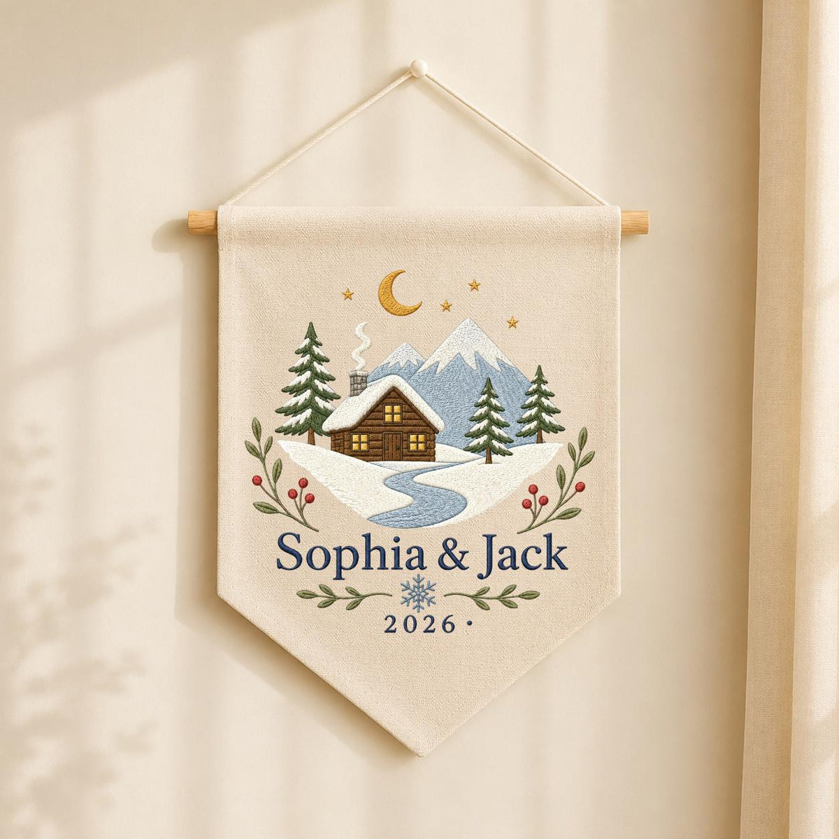 Personalized Winter Cabin Canvas Pennant Banner, Custom Name Embroidered Snow Mountain Couple Wall Hanging Sign, Christmas Gift