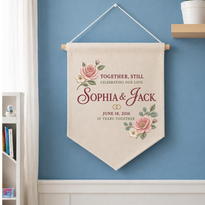 Personalized 10th Anniversary Canvas Pennant Banner, Custom Name Embroidered Floral 10 Years Together Wall Hanging Sign, Couple Gift