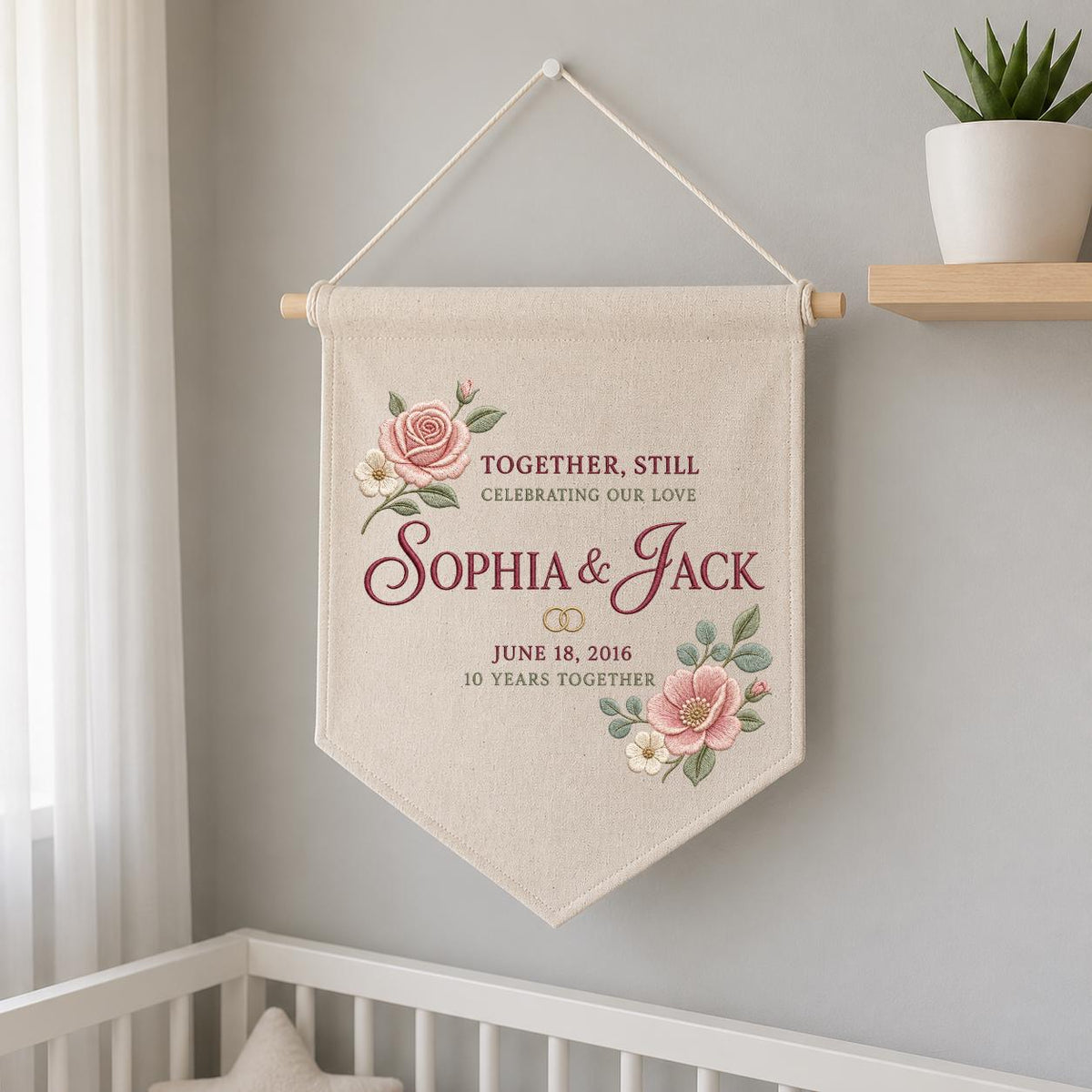 Personalized 10th Anniversary Canvas Pennant Banner, Custom Name Embroidered Floral 10 Years Together Wall Hanging Sign, Couple Gift