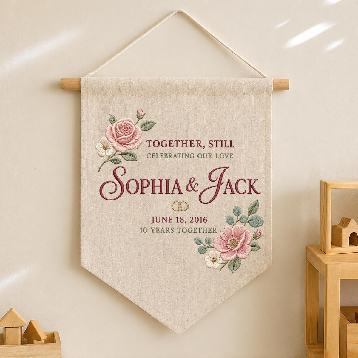 Personalized 10th Anniversary Canvas Pennant Banner, Custom Name Embroidered Floral 10 Years Together Wall Hanging Sign, Couple Gift